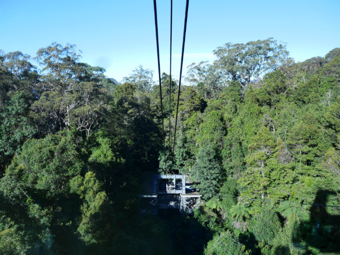 Looking down to the Cableway station from inside the cabin - Visiting Scenic World in Australia's Blue Mountains