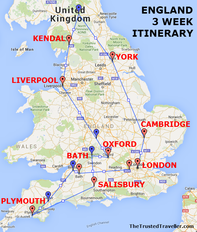 Map of our England 3 Week Itinerary - See the Best of England - The Trusted Traveller