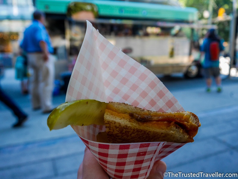 Mom's Grilled Cheese cheddar and bacon with fresh pickles - Tasting My Way Through Vancouver's Best Food Trucks - The Trusted Traveller