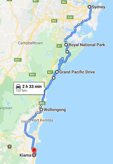 Sydney to Kiama Map - NSW South Coast Road Trip Itinerary - The Trusted Traveller